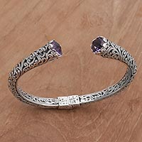 Amethyst cuff bracelet, 'Spiral Engagement' - Amethyst and 925 Sterling Silver Spiral Motif Cuff Bracelet