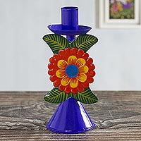 Hand Painted Floral Metal Candlestick,'Andean Flora in Royal'