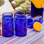 Handblown Glass Recycled Tumbler Drinkware (Set of 6), 'Blue Blossoms'