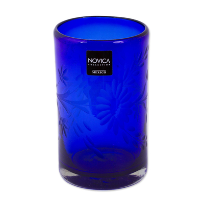 Vasos para beber grabados, 'Blue Blossoms' (juego de 6) - Vaso de vaso reciclado de vidrio soplado a mano (juego de 6)