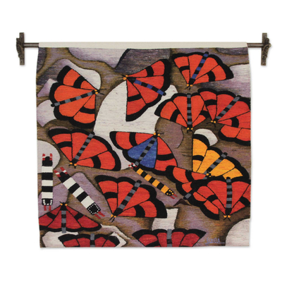 Wandteppich aus Wolle, „Schmetterlinge von Manu“ – handgewebter Wandteppich mit Schmetterlingen aus Wolle