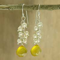 Pearl and chalcedony cluster earrings, 'Golden Shimmer'