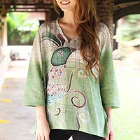Cotton batik tunic, 'Peacock Love' - Artisan Crafted Cotton Tunic