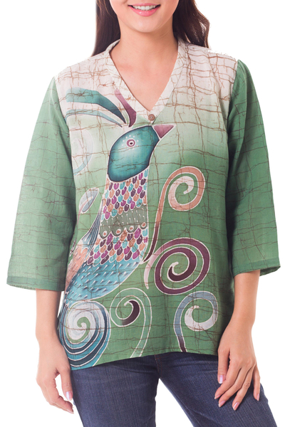 Cotton batik tunic, 'Peacock Love' - Artisan Crafted Cotton Tunic