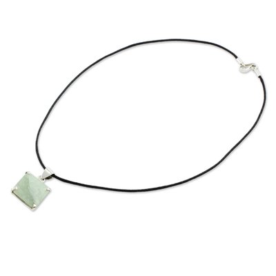Jade pendant necklace, 'Abstract Square' - Handcrafted Silver and Apple Green Maya Jade Necklace