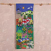 Cotton arpillera wall hanging, 'Colorful Garden' - Hand Made Cotton Arpillera Wall Hanging of Peruvian Fields
