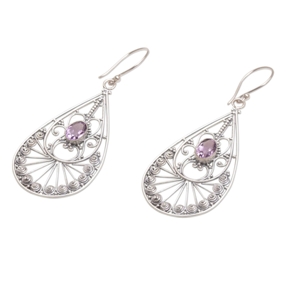 Amethyst dangle earrings, 'Divine Tears' - Amethyst and Sterling Silver Dangle Earrings from Bali