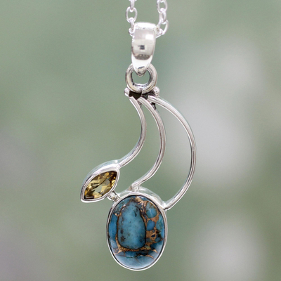 Citrine pendant necklace, 'Modern Mystique' - Citrine Silver Necklace with Composite Turquoise