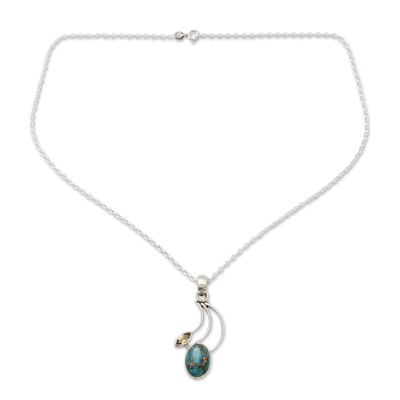 Citrine pendant necklace, 'Modern Mystique' - Citrine Silver Necklace with Composite Turquoise
