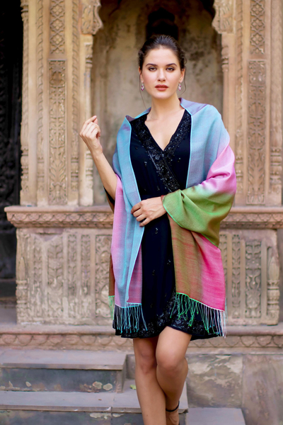 Mantón de seda y lana - Mantón Multicolor de Mujer en Lana y Seda de la India