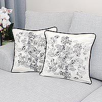 Cotton cushion covers, 'Falling Leaves' (pair) - Fair Trade 100% Cotton Cushion Covers with Leaf Motif (Pair)