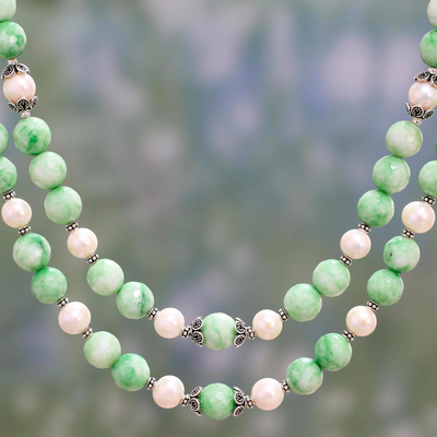 Aventurine and cultured pearl strand necklace, 'Verdant Bliss' - Green Aventurine and Cultured Pearl Double Strand Necklace