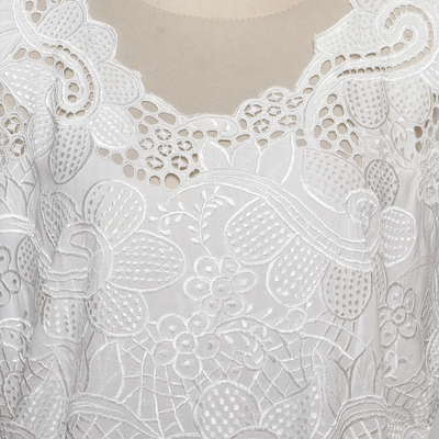 Rayon short-sleeved top, 'Rose Mallow in White' - Floral White-On-White Openwork and Embroidered Rayon Top