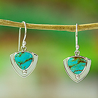 Turquoise dangle earrings, 'Pyramids of Friendship' - Unique Taxco Silver Turquoise Earrings