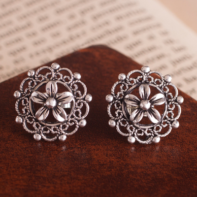 Silver filigree button earrings, 'Elegant Flowers' - Floral 950 Silver Filigree Button Earrings Crafted in Peru