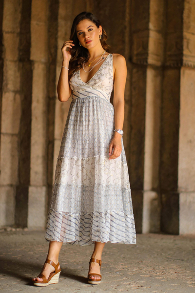 Block-printed viscose A-line dress, 'Elegant Forest' - Block-Printed White Cotton A-Line Dress from Bali