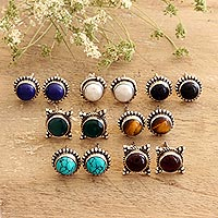 Multi-gemstone stud earrings, 'Harmonious Pairs' (set of 7) - Handmade Multi-Gemstone Stud Earrings (Set of 7)
