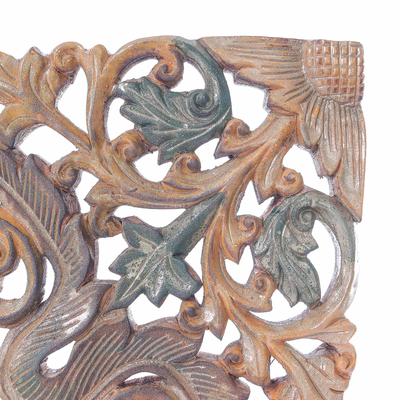 Teak wood relief panel, 'Inspirational Blossoms' - Artisan Crafted Floral Teak Wood Relief Panel from Thailand
