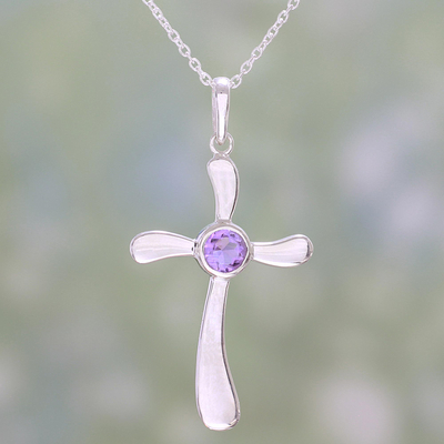 Amethyst pendant necklace, 'Heavenly Cross in Purple' - Amethyst and Sterling Silver Indian Cross Pendant Necklace