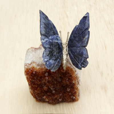 Gemstone sculpture, 'Blue Butterfly' - Natural Gemstone Butterfly Sculpture from Brazil