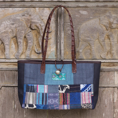 Leather accented cotton shoulder bag, 'Blue Congregation' - Thailand Blue Hill Tribe Patchwork Art Shoulder Bag