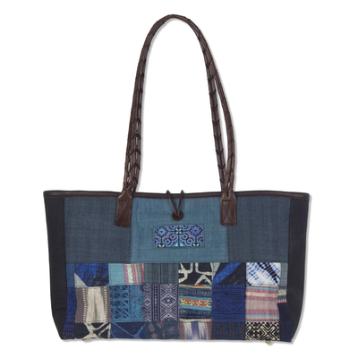 Leather accented cotton shoulder bag, 'Blue Congregation' - Thailand Blue Hill Tribe Patchwork Art Shoulder Bag