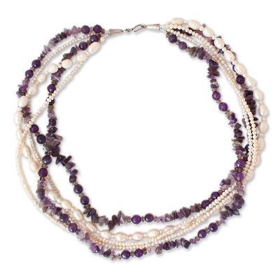 Cultured pearl and amethyst torsade necklace, 'Iris Garland' - Pearl and Amethyst Torsade Necklace