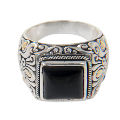 Men's gold accented onyx ring, 'Tambora' - Onyx and Gold Accented Sterling Silver Ring for Men