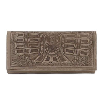 Leather wallet, 'Avian Muse' - Leather Wallet with an Embossed Bird Design from Peru