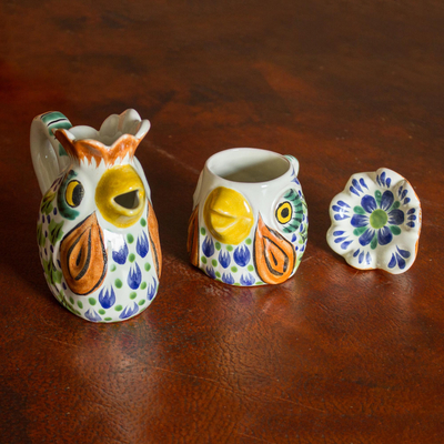 Majolica ceramic sugar bowl and creamer, 'Roosters' - Hand Made Ceramic Multicolor Bird Coffee & Tea Service Set
