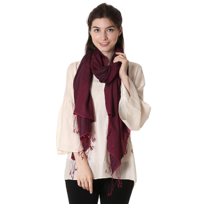 Silk and wool blend shawl, 'Burgundy Magic' - Hand Woven Silk and Wool Shawl Wrap from India