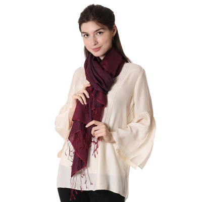 Silk and wool blend shawl, 'Burgundy Magic' - Hand Woven Silk and Wool Shawl Wrap from India