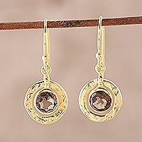 Gold plated smoky quartz dangle earring, 'Smoky Charm' - 18k Gold Plated Smoky Quartz Dangle Earrings