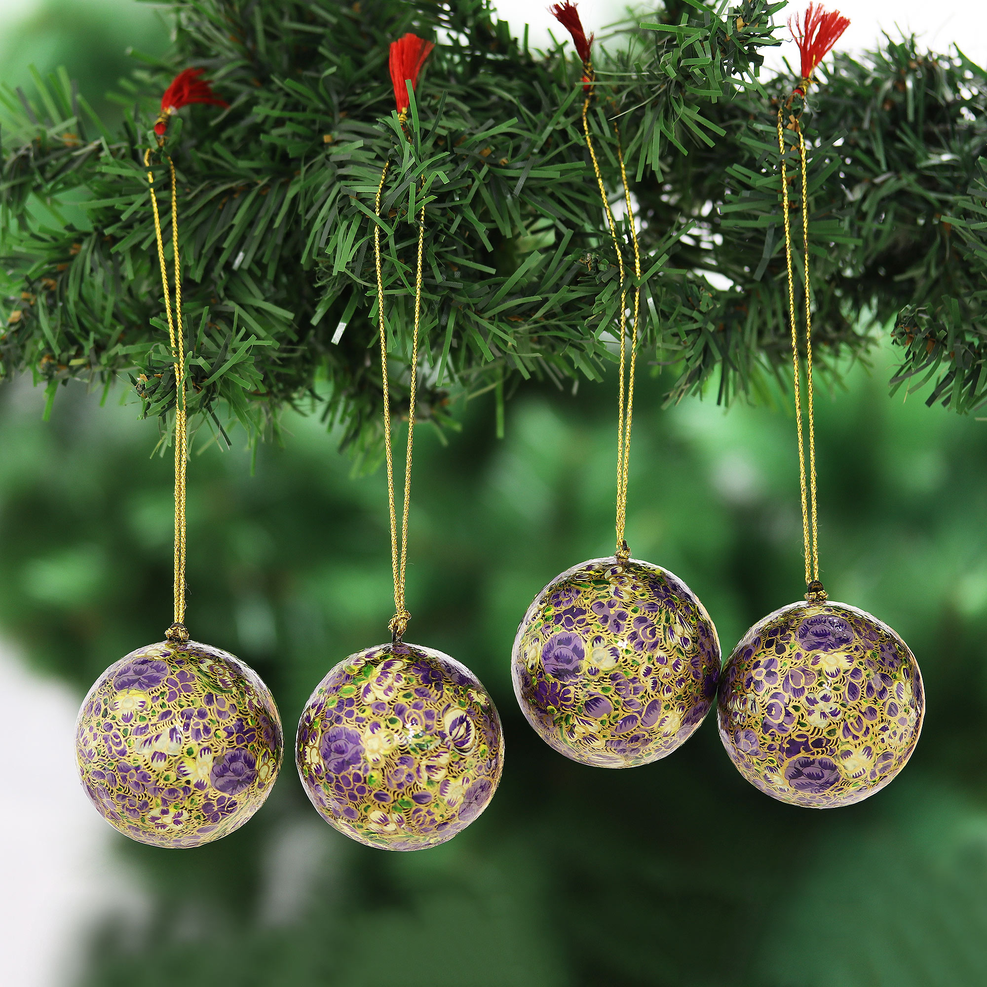 Floral Painted Papier Mache Ornaments (Set of 4) - Kashmir Violets | NOVICA