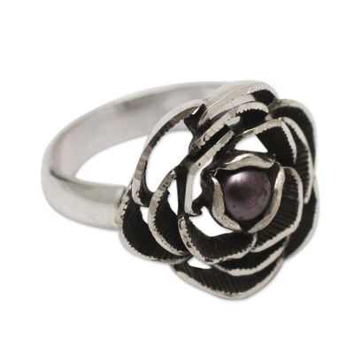 Cultured pearl flower ring, 'Lavender Rose' - Purple Pearl in Handcrafted Sterling Silver Flower Ring
