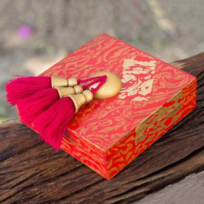 Wood Jewellery box, 'Scarlet Gold' - Artisan Crafted Jewellery Box in Red and Gold with Tassels