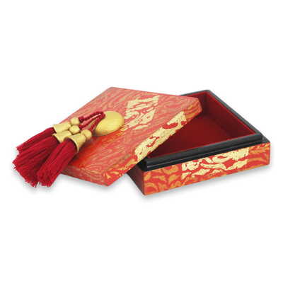 Wood Jewellery box, 'Scarlet Gold' - Artisan Crafted Jewellery Box in Red and Gold with Tassels