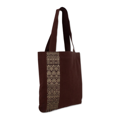 Cotton shoulder bag, 'Golden Lanna Lotus' - Handcrafted Cotton Embroidered Shoulder Bag
