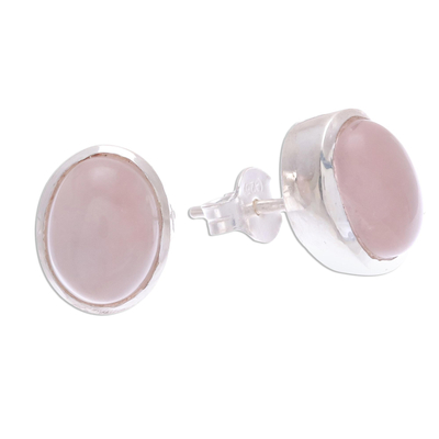 Rose quartz stud earrings, 'Flash of Love in Pink' - Rose Quartz Cabochon and Sterling Silver Stud Earrings
