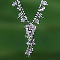 Silver beaded Y-necklace, 'Garden Beauty' - Nature-Themed 950 Silver Y-Necklace from Thailand