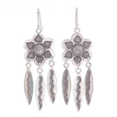 Sterling silver dangle earrings, 'Tribal Forest' - Hand Crafted Sterling Silver Floral Dangle Earrings