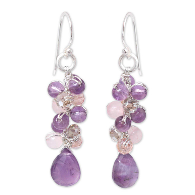 Amethyst cluster earrings, 'Purple Pink Glam' - Amethyst and Quartz Beaded Earrings