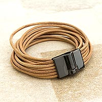 Leather wrap bracelet, 'Rio Fashion' - Handcrafted Leather Cord Beige Wrap Bracelet from Brazil