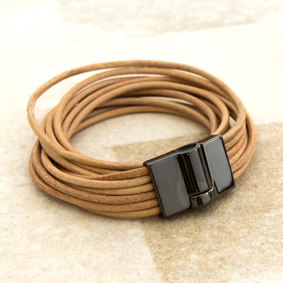 Leather wrap bracelet, 'Rio Fashion' - Handcrafted Leather Cord Beige Wrap Bracelet from Brazil