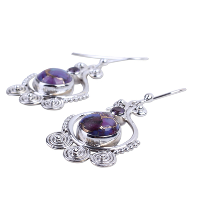 Amethyst dangle earrings, 'Exotic Swirls' - Purple Amethyst Sterling Silver Earrings Handcrafted India