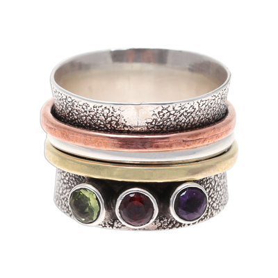 Multi-gemstone meditation ring, 'Eclectic Sparkle' - Sterling Silver and Multi-Gemstone Meditation Spinner Ring