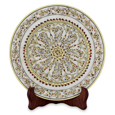 Marble decorative plate, 'Golden Brilliance' - Hand-Painted Floral Marble Decorative Plate from India