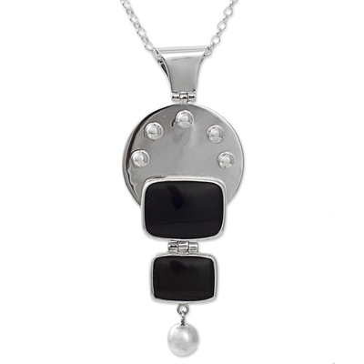 Obsidian pendant necklace, 'Obsidian Moon' - 950 Silver Obsidian Pendant Necklace from Mexico