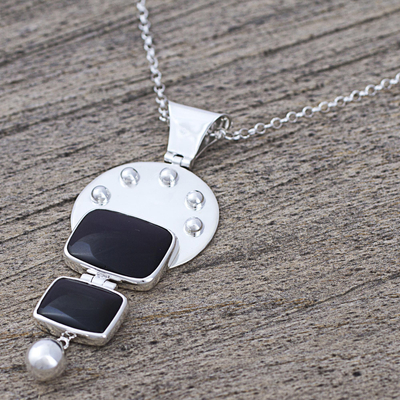 Obsidian pendant necklace, 'Obsidian Moon' - 950 Silver Obsidian Pendant Necklace from Mexico