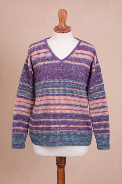 Baby alpaca blend pullover sweater, 'Mesa Sunrise' - Multi-Color Stripe Alpaca Blend Long Sleeve V-Neck Sweater